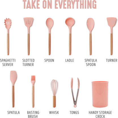 GreenLife 11 Piece Silicone Utensil Crock Set, Nonstick Kitchen Tools, Ladle, Turner, Slotted Turner, Spatula, Spoon, Spaghetti Server, Brush, Whisk, Tongs, Crock, Dusty Pink
