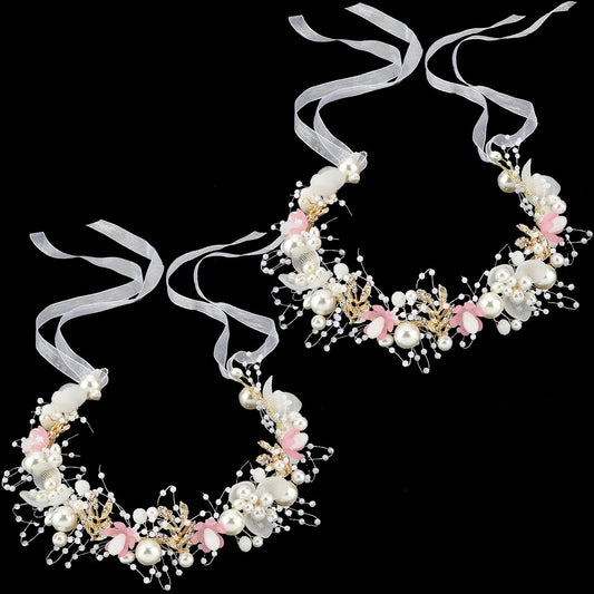 Retrowavy 2 Pcs Flower Girl Headpiece, Flower Girl Hair Accessories Rhinestone Crystal Princess Pearl Headband Bridal Hair Headband for Wedding First Communion(Pink)