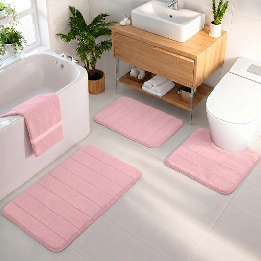 Bathroom Rugs Set 3 Piece, Memory Foam Bath Rugs, Non Slip Washable Bathroom Rug Set, Extra Soft Absorbent Bath Mats with U-Shaped Toilet Rug, Pink