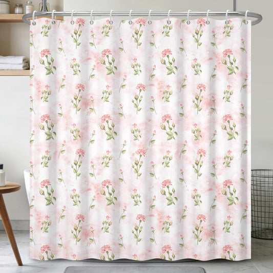 71"x74" Pink Rose Floral Shower Curtain with Hooks – Watercolor Flower Print Girls Shower Curtains for Shabby Chic Barthroom, Cottagecore Waterproof Fabric Bath Tub Curtain