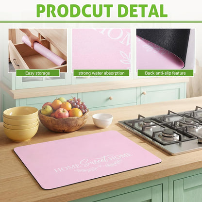 Pink Dish Drying Mat for Kitchen Counter 24 x 16 Inch Pink Kitchen Accessories Large Non Slip Absorbent Heat Resistant Coffee Bar Pad Dish Drainer Rack Mat for Countertops Sinks