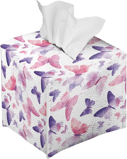 Tissue Box Holder Square Novelty Box Cover Facial White Tissue Box Covers Cube Napkin Organizer Dispenser for Bedroom Office Bathroom Decor, Pink Purple Butterfly Print