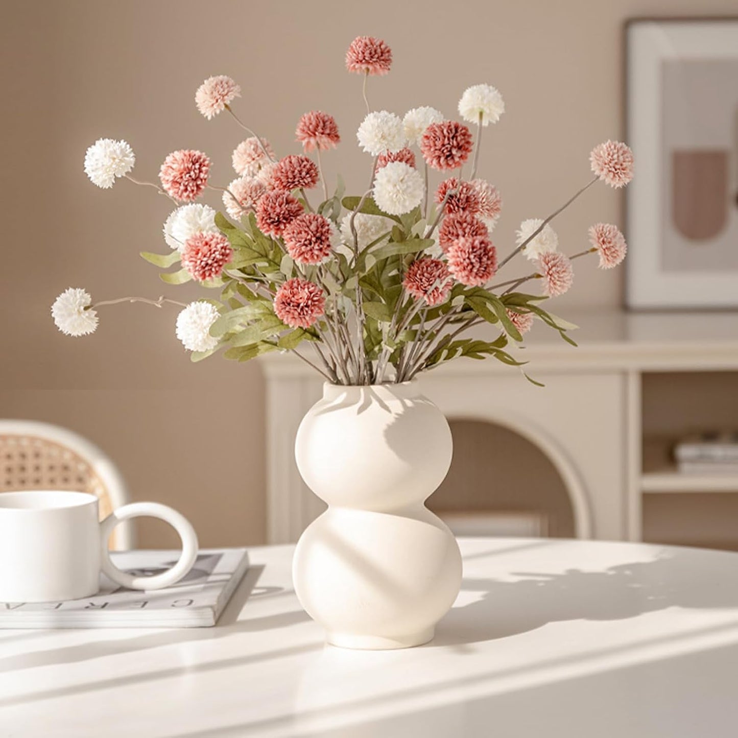 10pcs Faux White & Pink Kiku Flowers, 5 Heads Each Stem & 4 Branches Eucalyptus Stems, Artificial Small Mini Chrysanthemum Flowers for Aesthetic Room Decor, Floral Arrangements Centerpiece