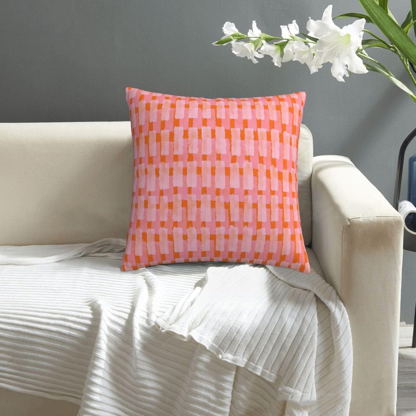 Pink and Orange Throw Pillow Home Set Comfortable Square Pink and Orange Velvet Pillowcase Brush Strokes Bed，Geometric PillowSofa Decoration Living Room Office Cushion Cover 18"x18"Inches