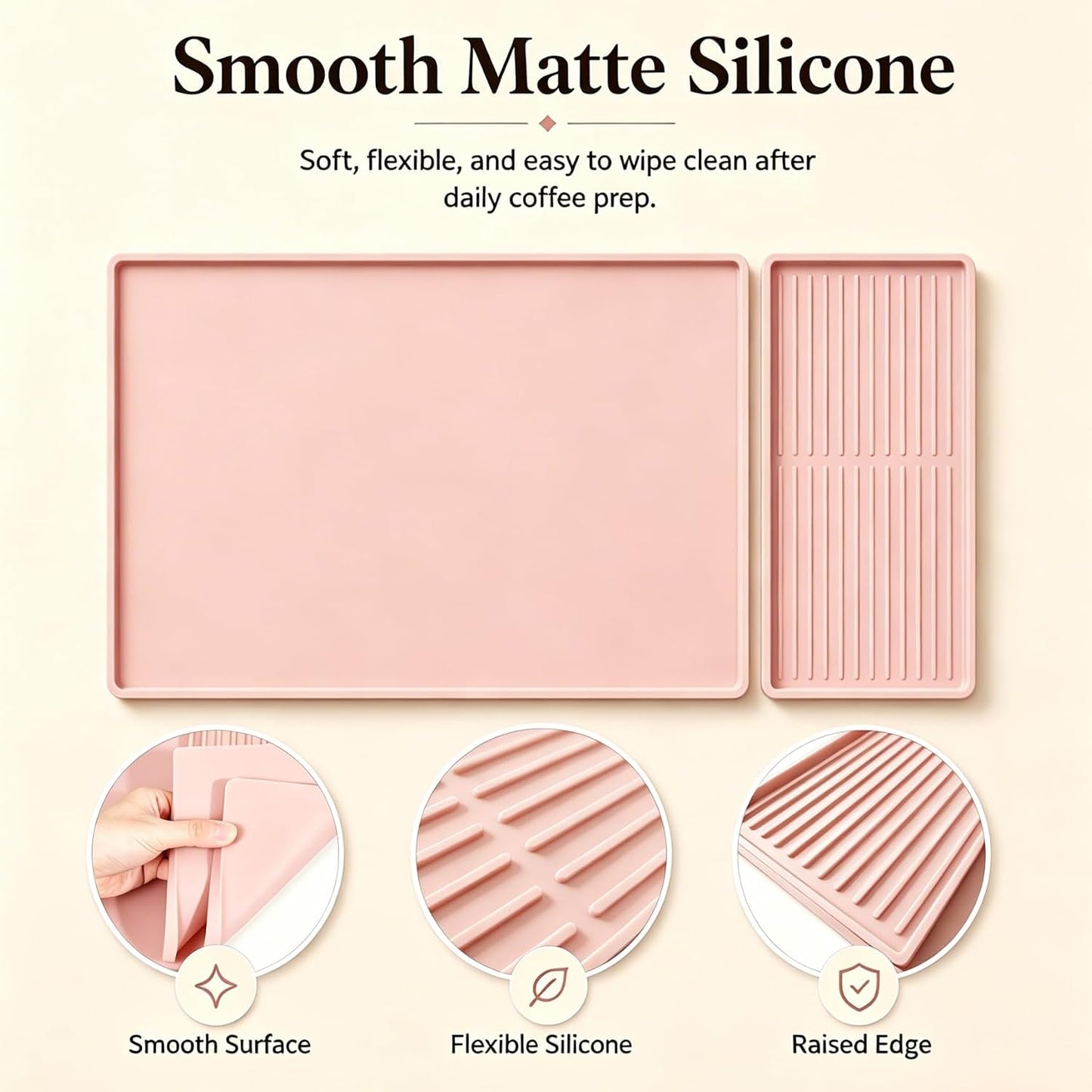 Silicone Coffee Bar Mat 24 x 16 in with Drying Tray, Soft Pink | 24 x 16 in food-grade silicone mat for home/coffee bar; removable tray, raised rim, smooth base adds grip, heat insulation