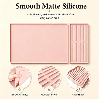 Silicone Coffee Bar Mat 24 x 16 in with Drying Tray, Soft Pink | 24 x 16 in food-grade silicone mat for home/coffee bar; removable tray, raised rim, smooth base adds grip, heat insulation