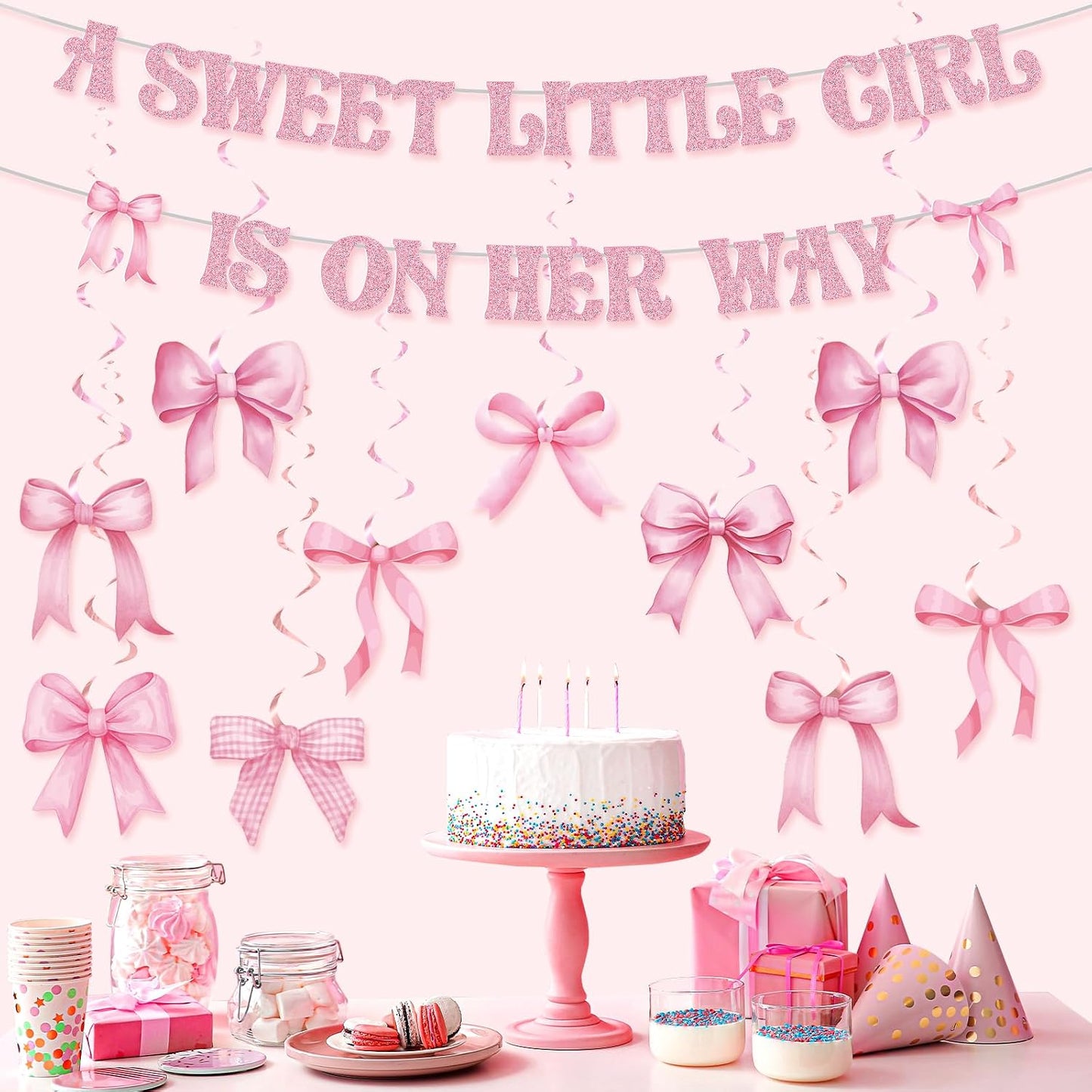 Pasimy Pink Baby Shower Decorations a Sweet Little Girl Is on Her Way Banner Pink Bow Swirls Coquette Baby Shower Decor for Birthday Gender Reveal Photo Props Sign Party Supplies
