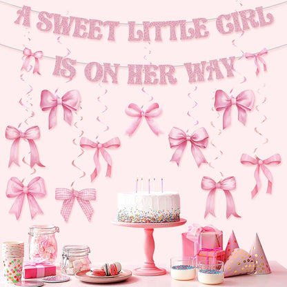 Pasimy Pink Baby Shower Decorations a Sweet Little Girl Is on Her Way Banner Pink Bow Swirls Coquette Baby Shower Decor for Birthday Gender Reveal Photo Props Sign Party Supplies