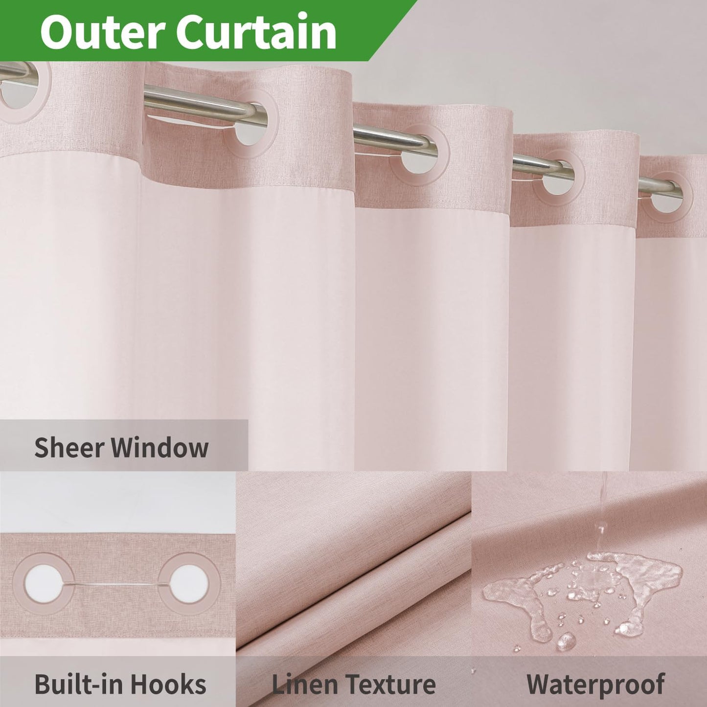 eachope Long No Hooks Needed Linen Textured Shower Curtain with Snap-in Fabric Liner Set,Blush Hotel Luxury Decor Shower Curtains for Bathroom,Waterproof & Washable,71Wx80H