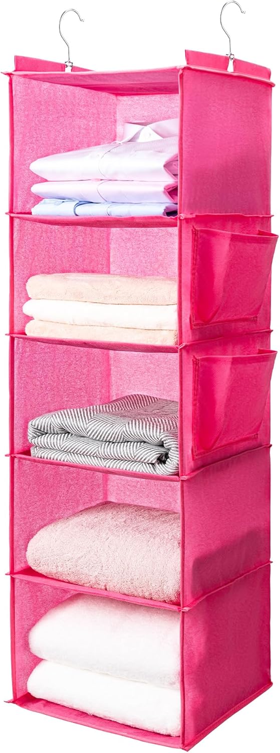 BOOMIBOO Hanging Closet Organize and Shelves，5-Hanging Shelf with 2 Side Pockets，Storage Foldable （Pink）