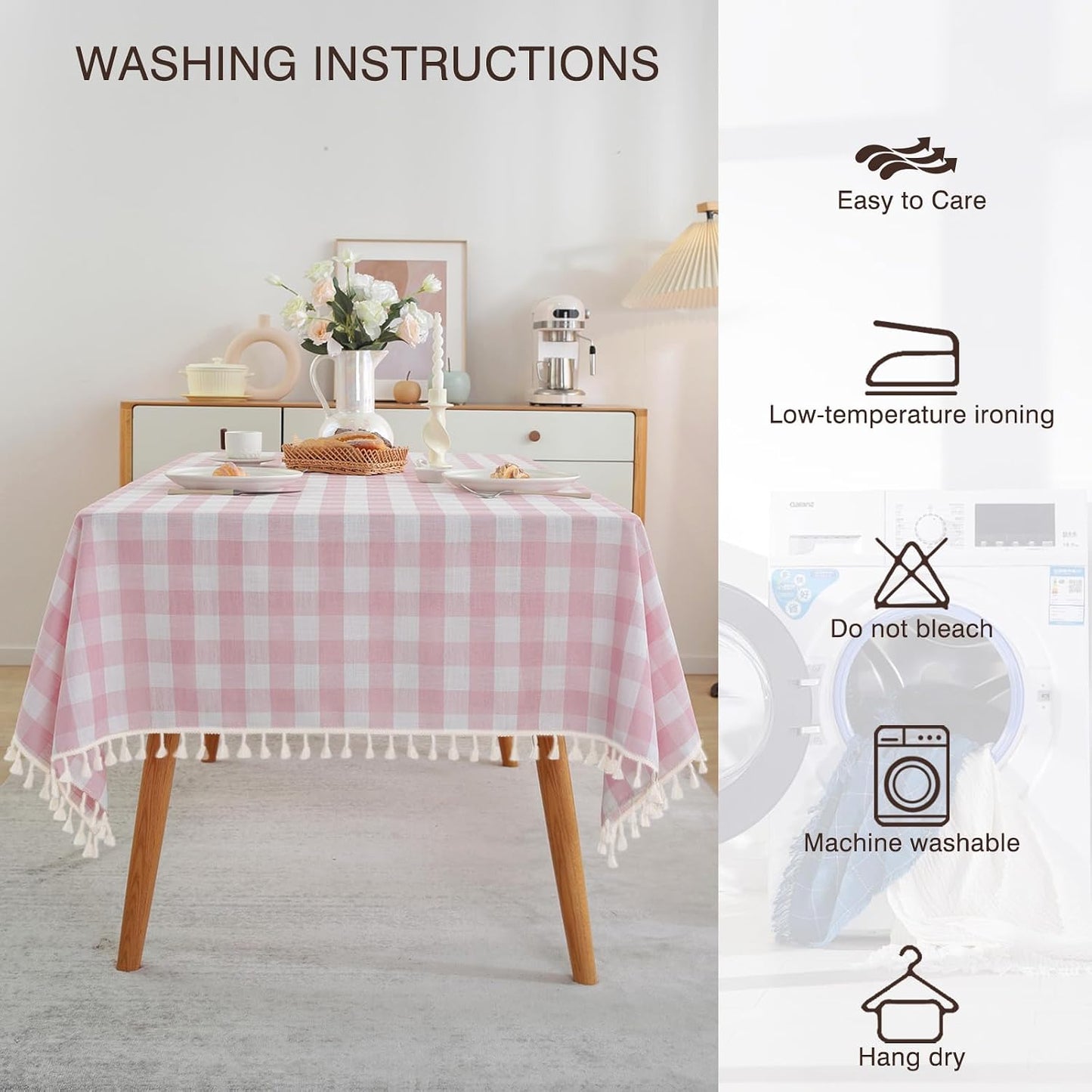JIALE Gingham Tablecloth Rectangle Cotton Linen Fabric Checkered Table Cloth with Tassel Washable Wrinkle Free Buffalo Plaid Table Cover for Birthday Party Picnic Outdoor, Pink, 55x75