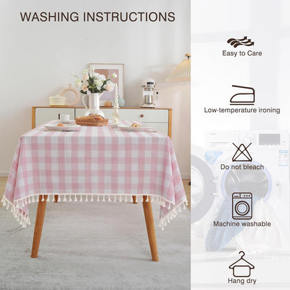 JIALE Gingham Tablecloth Rectangle Cotton Linen Fabric Checkered Table Cloth with Tassel Washable Wrinkle Free Buffalo Plaid Table Cover for Birthday Party Picnic Outdoor, Pink, 55x75