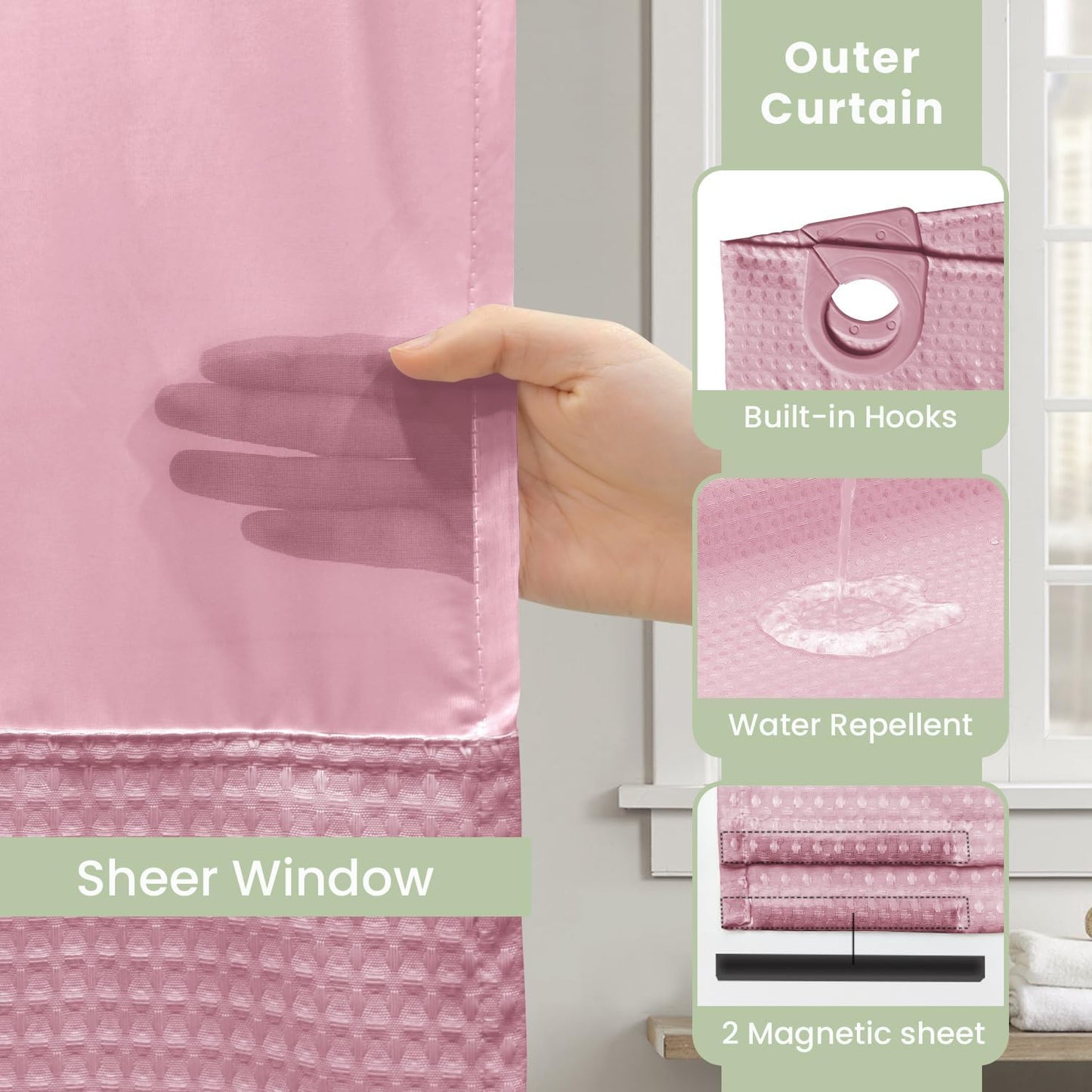 Inhousolu No Hook Shower Curtain with Snap-in Fabric Liner, Waffle Weave 230 GSM Polyester, Weighted Hem, Water Repellent Washable, Mesh Top Window 72" W x 72" L Pink