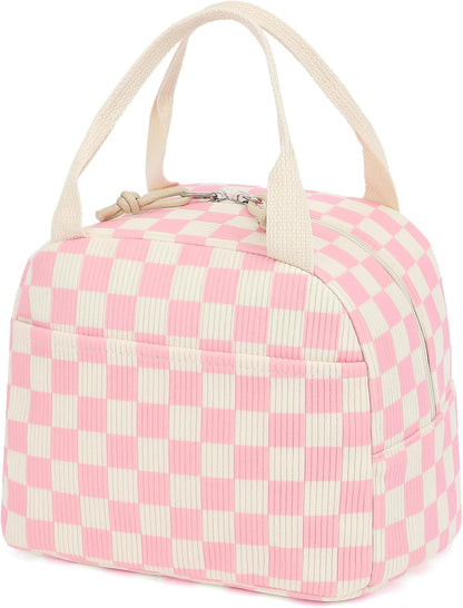 Corduroy Lunch Box for Women Girls, Lunch Tote Bags Reusable Insulated Cooler Lunchbag Large Capacity Lunchbox for School Work Travel Picnic (Checkered Pink)