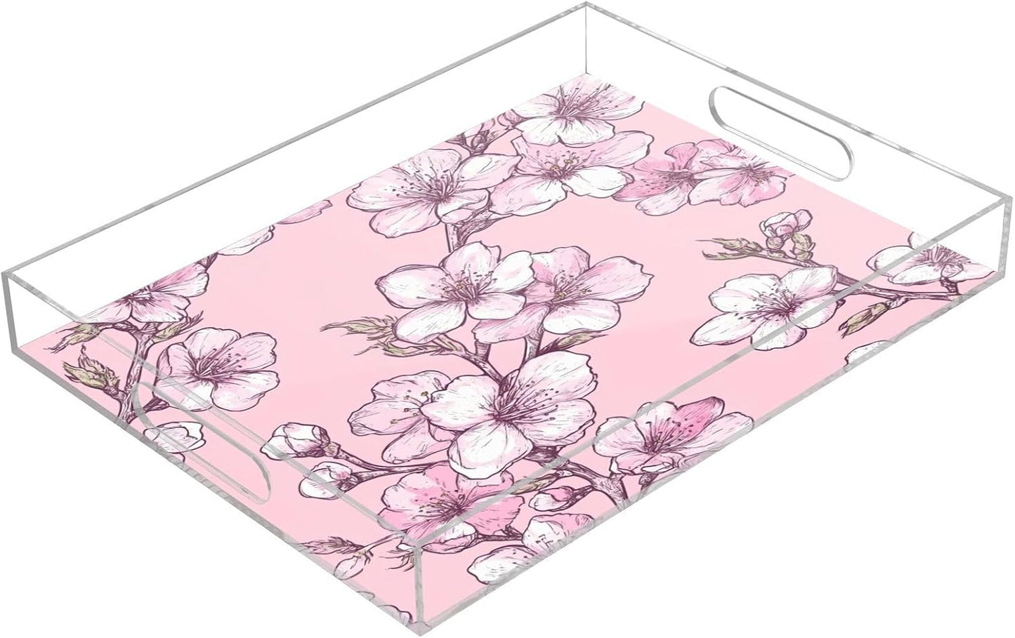 Peach Flowers Acrylic Serving Tray with Handles,Clear Serving Tray Decorative Organiser for Ottoman, Kitchen, Bedroom Decorative 12x16 Inches