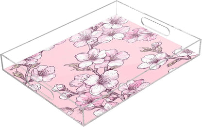 Peach Flowers Acrylic Serving Tray with Handles,Clear Serving Tray Decorative Organiser for Ottoman, Kitchen, Bedroom Decorative 12x16 Inches