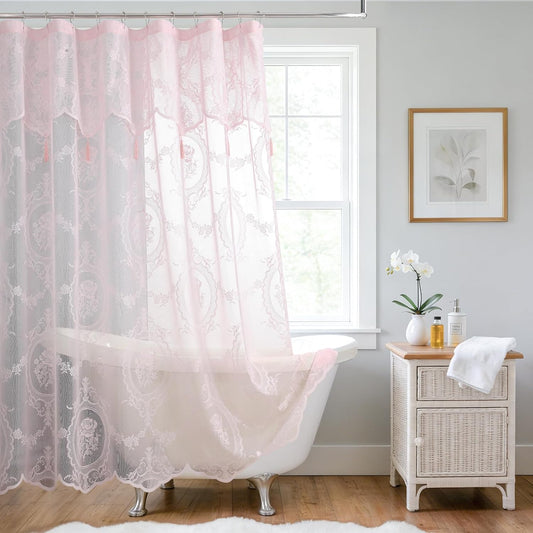 Pink Lace Shower Curtain with Valance and Tassel, Shabby Chic Romantic Floral Sheer Shower Curtain, Vintage Scalloped Edge Decorative Bathroom Curtain for Girls & Women, 72" W x 72" L