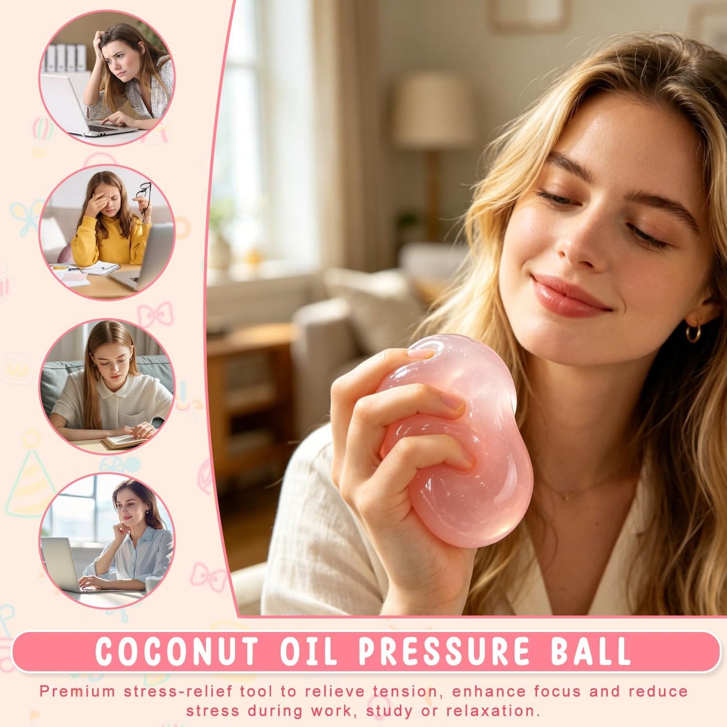 2026 New Coconut Oil Stress Ball - Slow Rising Squishy Toy, Odorless & Non-Sticky, Easy to Clean, for Stress Relief & Focus Improvement (Pink)