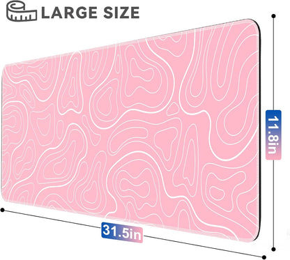 Gaming Mouse Pad Big Mousepad with Non-Slip Rubber Base, 31.5 x 11.8 in XL Large Desk Mat for Gaming Home Office, Long Keyboard Pad Mouse Mat for Computer with Stitched Edges, Pink Topographic
