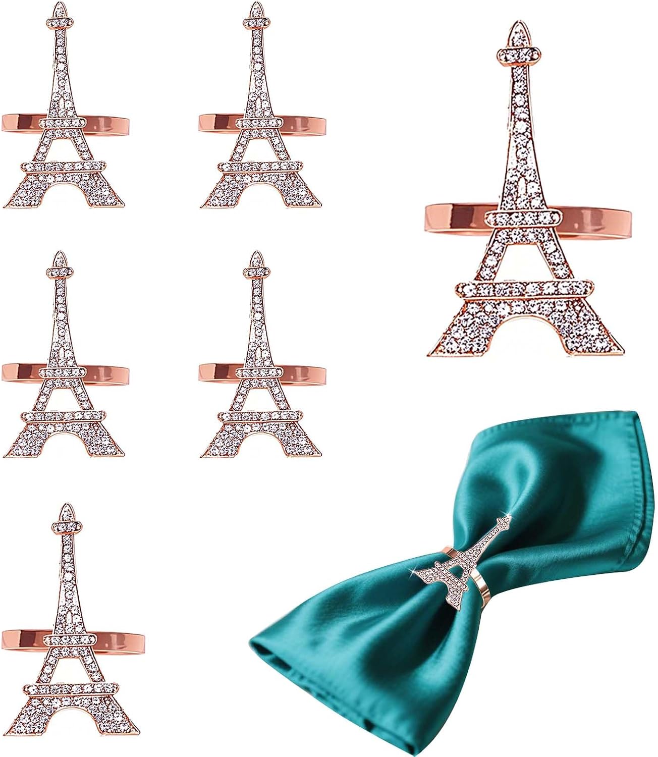 Rose Gold Eiffel Tower Napkin Rings Set of 6 Western Paris Napkin Rings for Valentine's Day Wedding Brithday Dining Decor,French Napkin Ring Holders for Holiday Family Party Table Setting