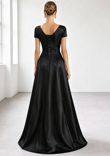 Short Sleeve Prom Dresses for Women 3D Flower Satin Formal Evening Gown with Slit V Neck Long Mothet of The Bride Dress