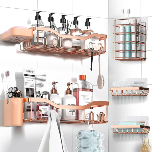 NESOMI Shower Caddy Adhesive Shower Organizer 7-Pack, Rustproof Stainless Steel Bathroom Shelves, Large Capacity No-Drill Rack Storage Accessories with Soap Dish Toothbrush Holder Hooks