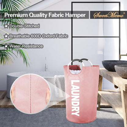 Large Laundry Basket Collapsible，Freestanding Clothes Hamper Bag with Handles – Tall Folding Dirty Laundry Bin，Sturdy Laundry Sorter for College Dorm，Laundry Room – 95L (Pink)