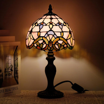 Small Tiffany Lamp Stained Glass Table Lamp Mini Desk Accent Light for Bedroom Bedside Reading Home Antique Style Decor 8X15 Inches (Pink Baroque)