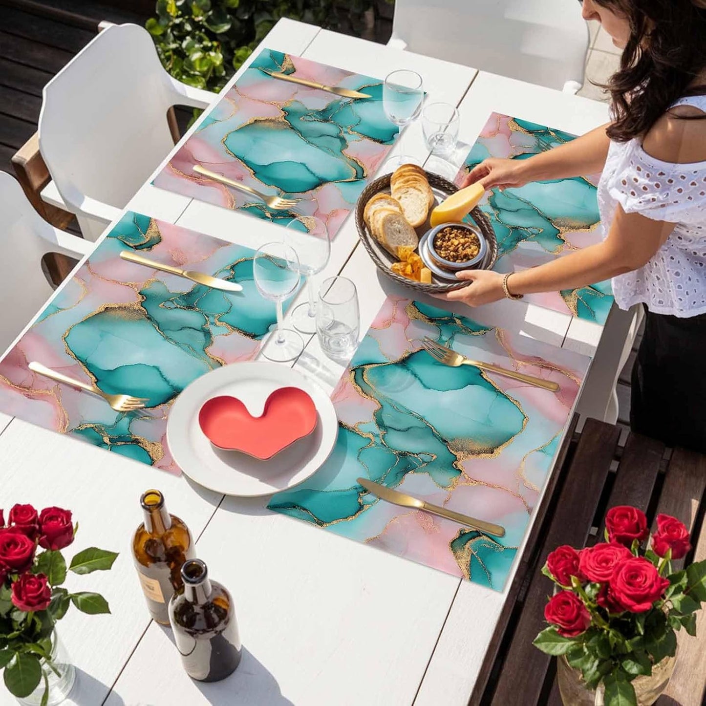Pink Water Marble Placemat Set of 4 Non-Slip Placemats for Dining Table Abstract Art Washable Table Mats, Heat Resistant Kitchen Table Mats for Party, Dining Room & Home Decor