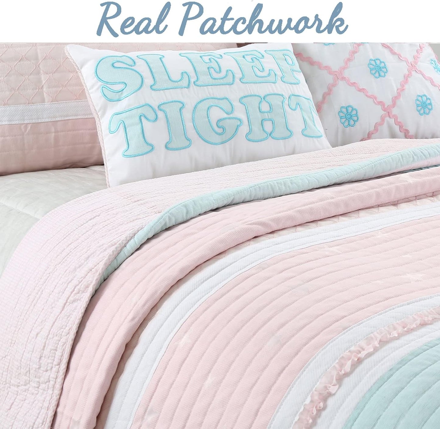 Cozy Line Home Fashions Light Pink Blue Ruffles Girl 100% Cotton Reversible Quilt Bedding Set, Coverlet, Bedspread (Candy, Twin - 2 Piece: 1 Quilt + 1 Sham)
