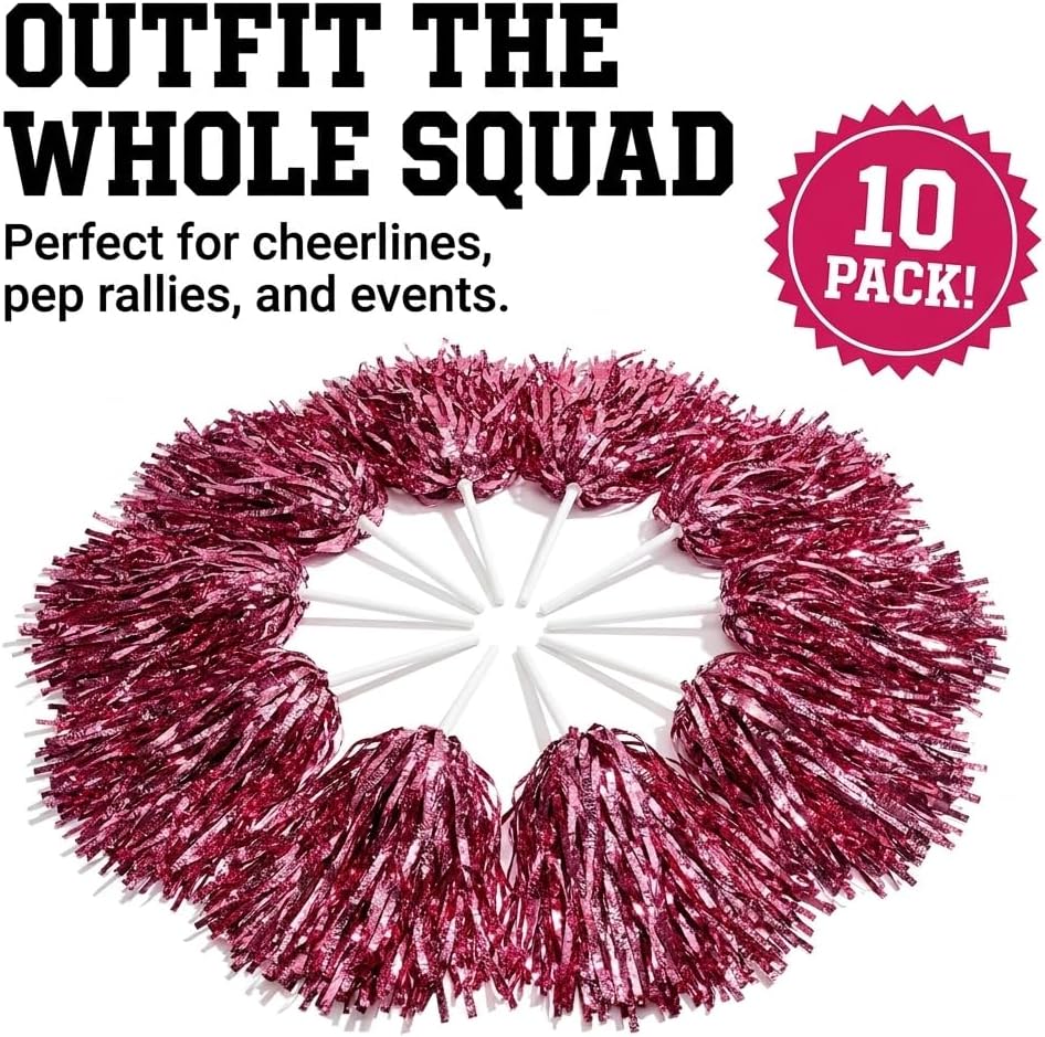 Anderson's Metallic Pink Foil Textured School Spirit Shakers, Cheerleader Pom Poms, Football, Basketball, Homecoming, Squad, Team, Party, Dance, Club, Performance, Fan Celebration Pack of 10