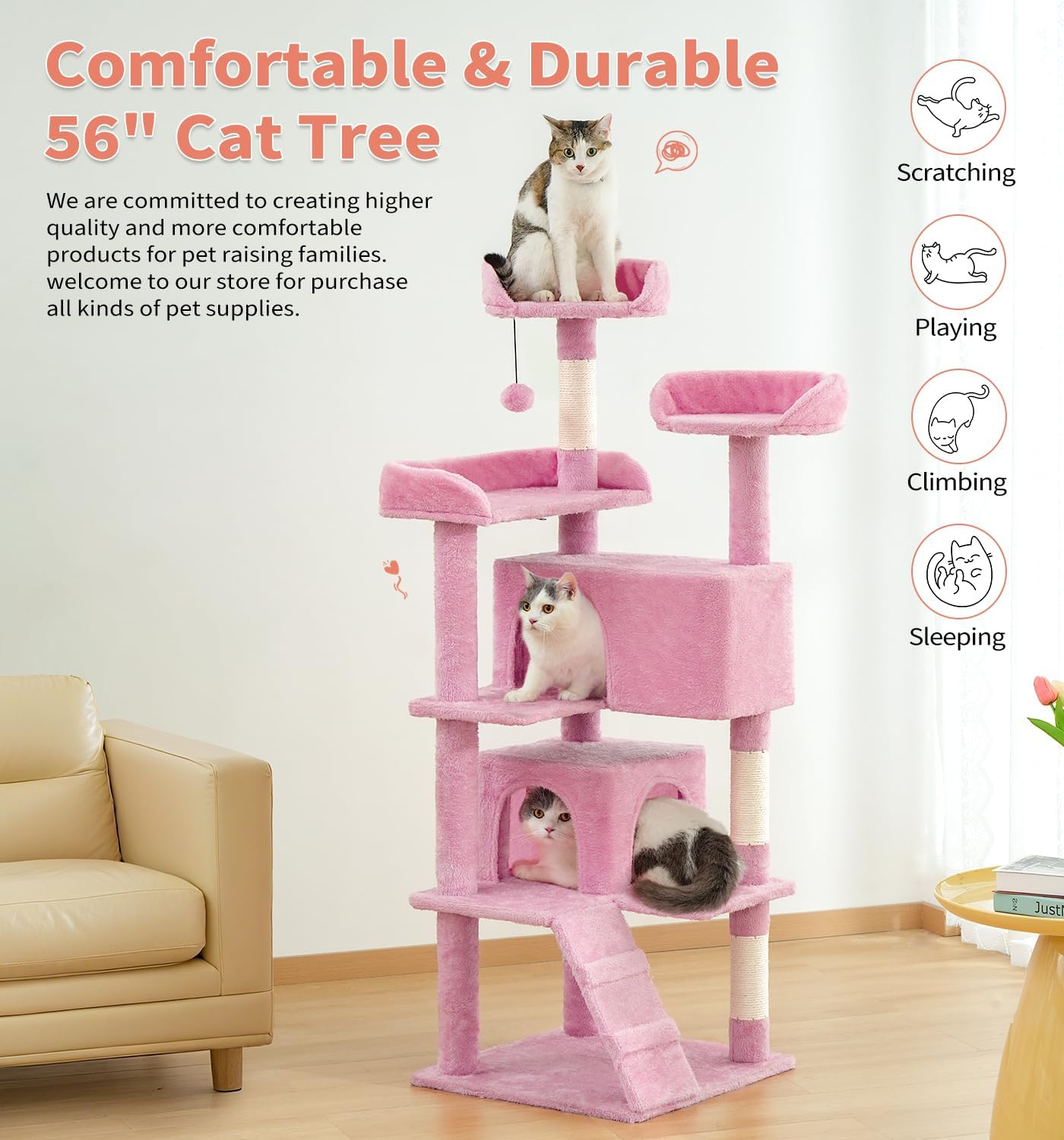 Made4Pets Cat Tree Tower 56" Cat Tower for Indoor Cats Kitten Tree Multi-Level Cat Tree with 2 Condo Furniture Activity Center with Scratching Posts Funny Toys (Pink)