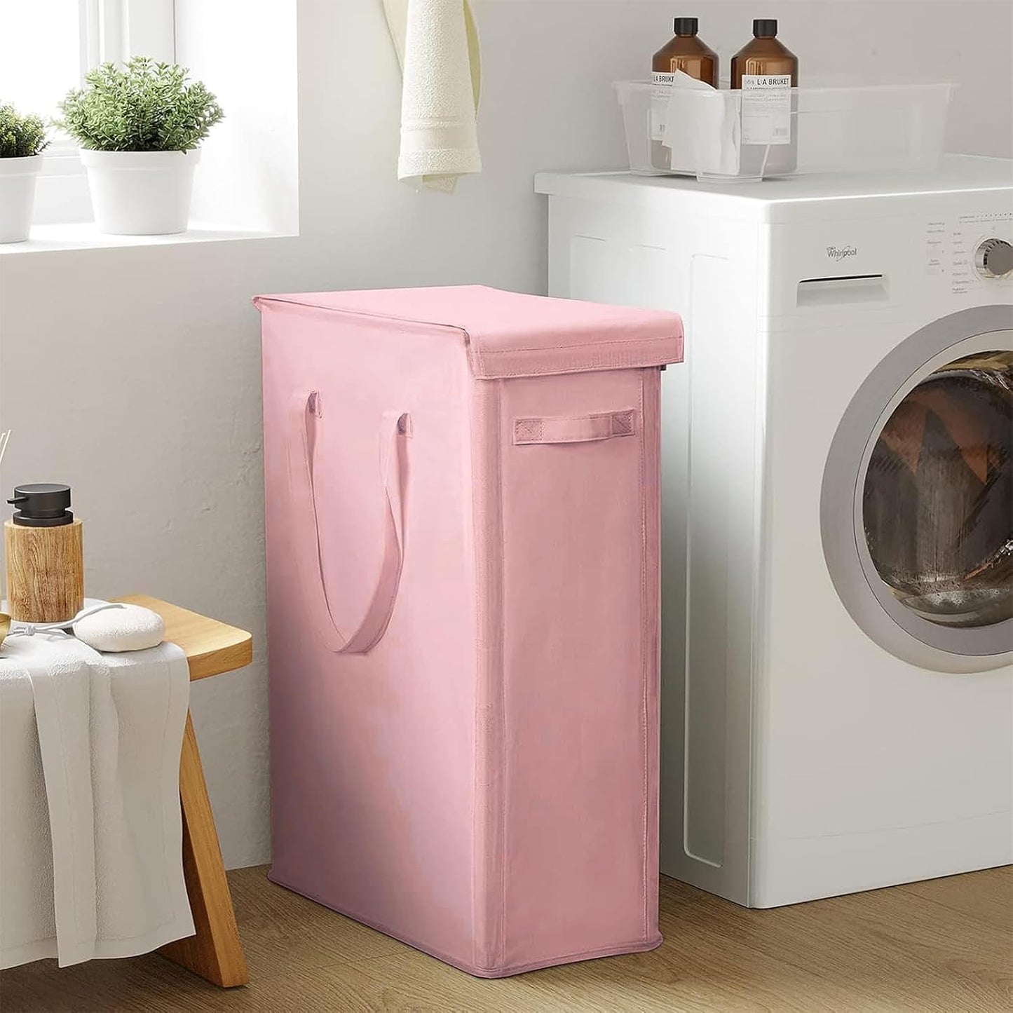 Chrislley 60L Slim Laundry Hamper with Lid Narrow Laundry Basket with Handle Upgrade Foldable Dirty Clothes Hamper Portable Skinny Hamper Organizer Storage Bins (25.6 inches, pink)
