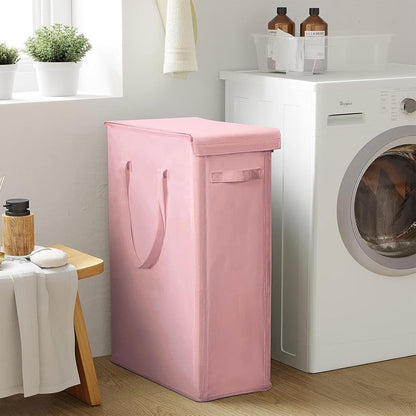 Chrislley 60L Slim Laundry Hamper with Lid Narrow Laundry Basket with Handle Upgrade Foldable Dirty Clothes Hamper Portable Skinny Hamper Organizer Storage Bins (25.6 inches, pink)