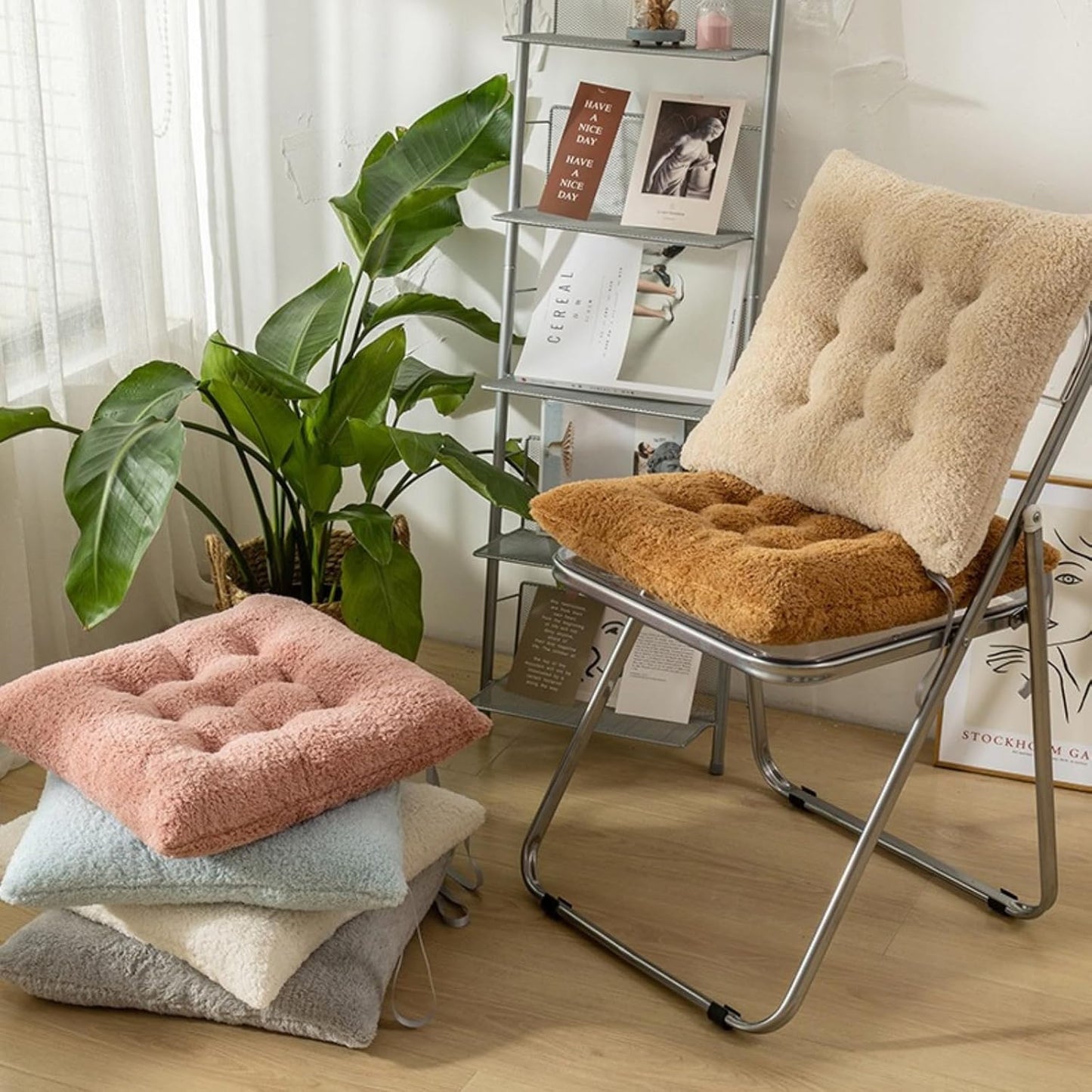Luxury Sherpa Fleece Chair Cushions with Ties Cushion Pillow 15x15x3 Inch Thick Padding & Tufted Design Plush Tufted Chair Pads for Indoor Dining Room and Kitchen Chairs (Pink,15"x15")