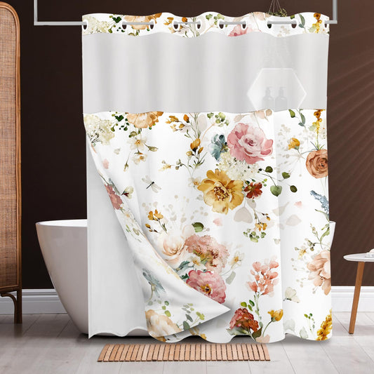 Tititex No Hooks Snap in Liner Rustic Red Yellow Pink Floral Shower Curtain, Hotel Luxury Double Layers Waterproof Fabric & See-Through Top Window Bathroom Decorative 72x72 Inch