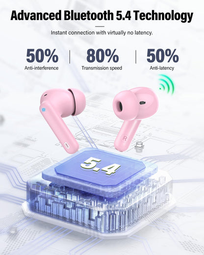 Wireless Earbuds, Bluetooth 5.4 Headphones Bass Stereo, Ear Buds with Noise Cancelling Mic, LED Display in Ear Earphones Clear Calls, IP7 Waterproof Bluetooth Earbuds for Laptop/Phones/Sports, Pink
