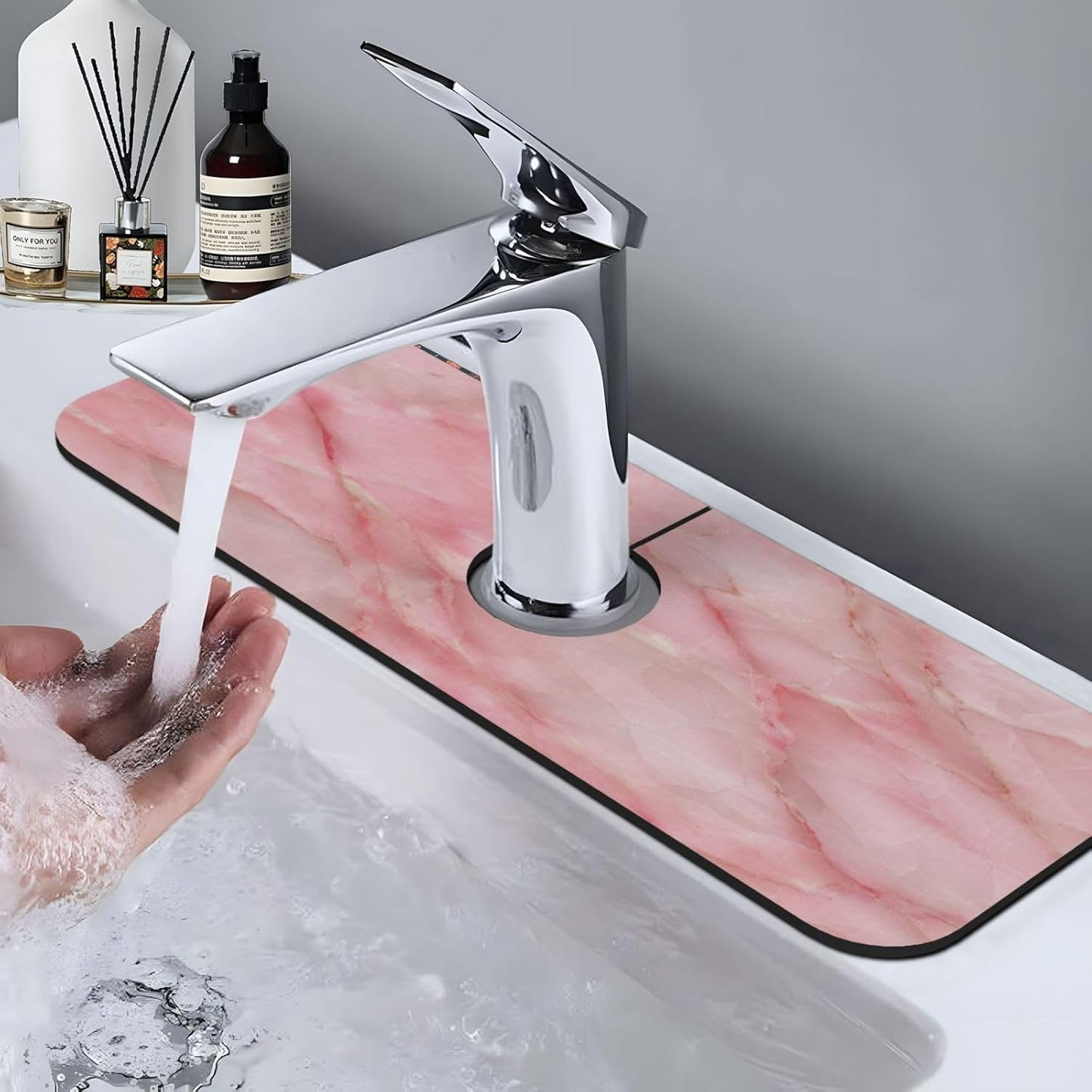 Light Pink Marble Tile Faucet Mat Splash Guard, Absorbent Quick-Dry Kitchen Sink Mat,Ideal For Splash Guard Drip Catching
