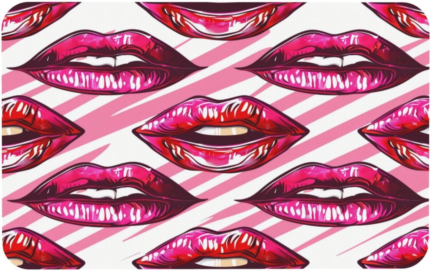 Pink Mouth Stripes Absorbent Bath Mat Non Slip Washable Doormat 19.7x31.5 in Quick Dry Shower Mat Thin Floor Rug for Bathroom Kitchen Entryway