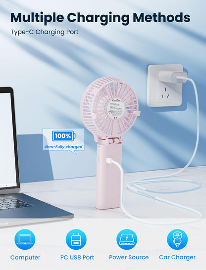 HandFan 5200mAh Handheld Fan Rechargeable, 20H Runtime Hand Fan, 3 Speeds Strong Airflow, Personal 180° Foldable Portable Fans for Travel/Summer/Concerts/Lash/Commute, Gifts for Women (Cherry Pink)