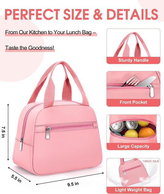 Lunch Bag for Women - Small Insulated Lunch Box, Cute Reusable Tote Bag for Work, Daily Commute and Outdoor Picnic -Pink