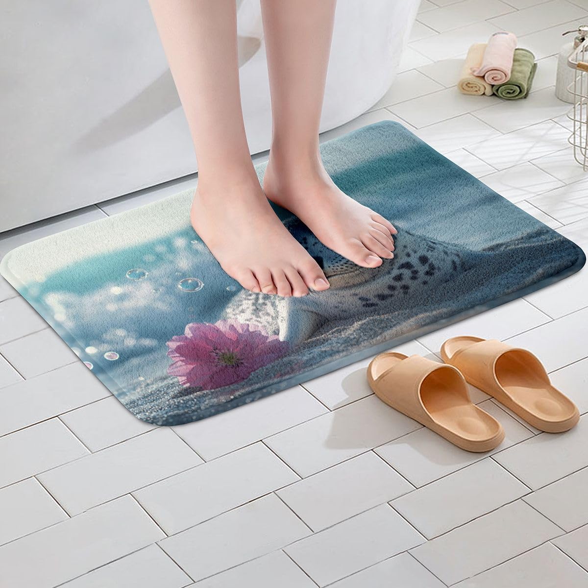 Erosebridal Cute Seal Bath Mat for Bathroom Pink Floral Cute Ocean Animal Seal Door Mat for Bedroom Fresh Summer Themed Room Decor Bathroom Rug Non Slip,Beach Coastal Bubble Entrance Rug 16"x24"