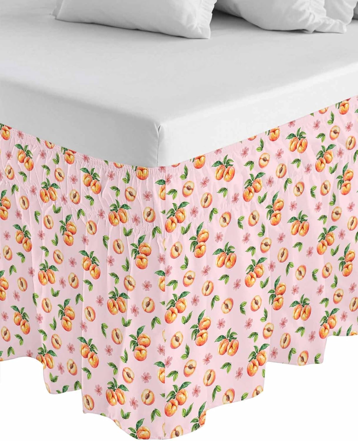 Bed Skirt Pink Peaches Bedskirt 16 Inch Drop Flowers Summer Fruit Adjustable Elastic Wrap Around Bed Skirts Dust Ruffle for Queen Size Bed Frame Cover