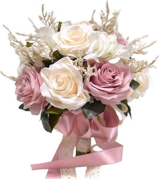 Dusty Pink Wedding Bouquets for Bride Bridesmaid,White Blush Pink Artificial Fake Silk Roses Flowers Bridal Bouquet for Wedding French Vintage Boho Rustic Church Decoration Toss Bouquet (8.6in(M))