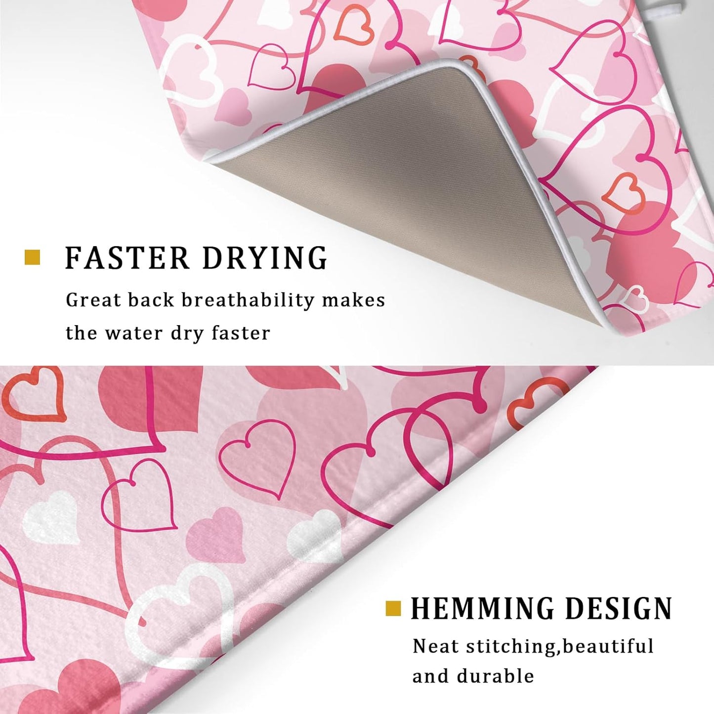 Valentines Day Dish Drying Mat for Kitchen Pink Hearts Absorbent Reversible Microfiber Kitchen Countertop Protector Dishes Pad Large 18x24 inch