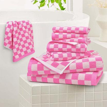 Jacquotha Pink Bath Towel Set for Bathroom Decor, 8-Piece Soft & Absorbent Cotton Towels, 2 Bath, 2 Hand, 4 Washcloths, Checkered