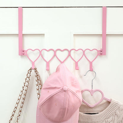 AceOrbit Pink Heart Over The Door Hooks Hanger Wall Mount Towel Hanger Door Holder Organizer 5 Hooks Kawaii Farmhouse Rustic Coquettish Style Decor for Bedroom Bathroom Towel Hat Clothes