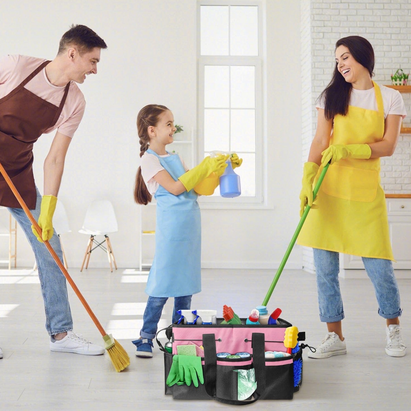 Wearable Cut-Off Cleaning Organizer, Housekeeping Organizer with Handles, Shoulder Strap and Removable Dividers for Tool Products, Housekeeping, Automotive, Home (Pink)
