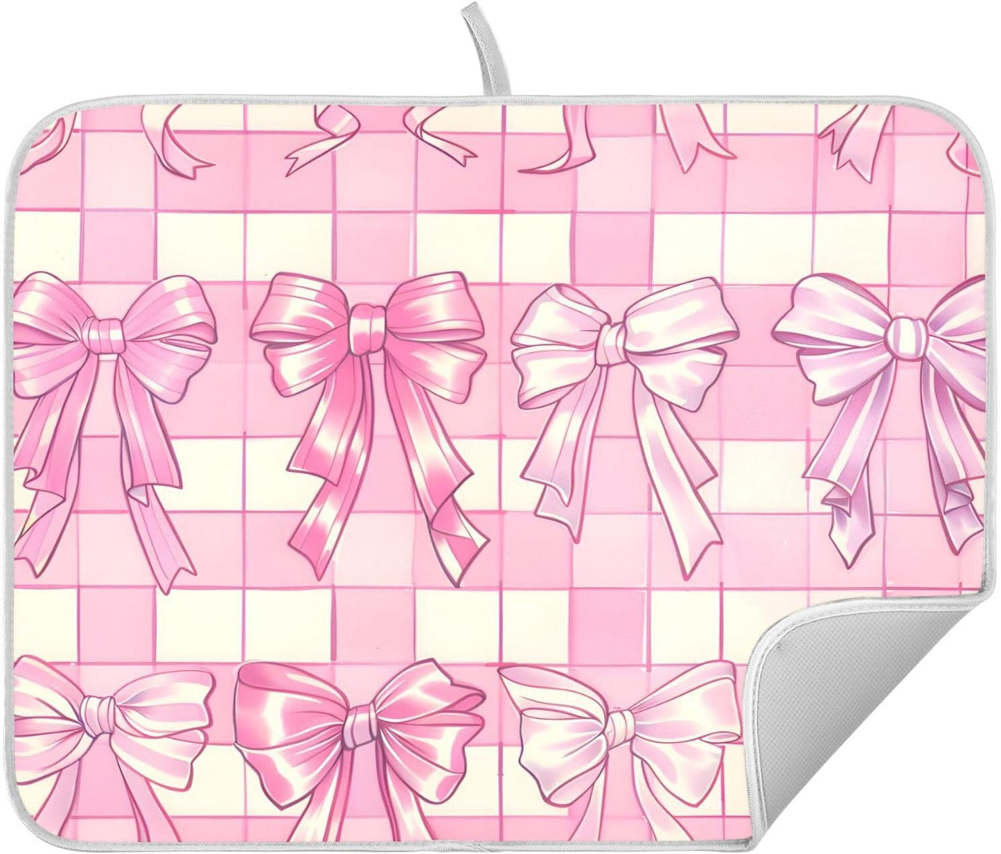 Pink Bow Dish Drying Mat, Absorbent Microfiber Kitchen Counter Mat, Dish Drying Pad for Dishes, 16"x18"