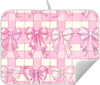 Pink Bow Dish Drying Mat, Absorbent Microfiber Kitchen Counter Mat, Dish Drying Pad for Dishes, 16"x18"